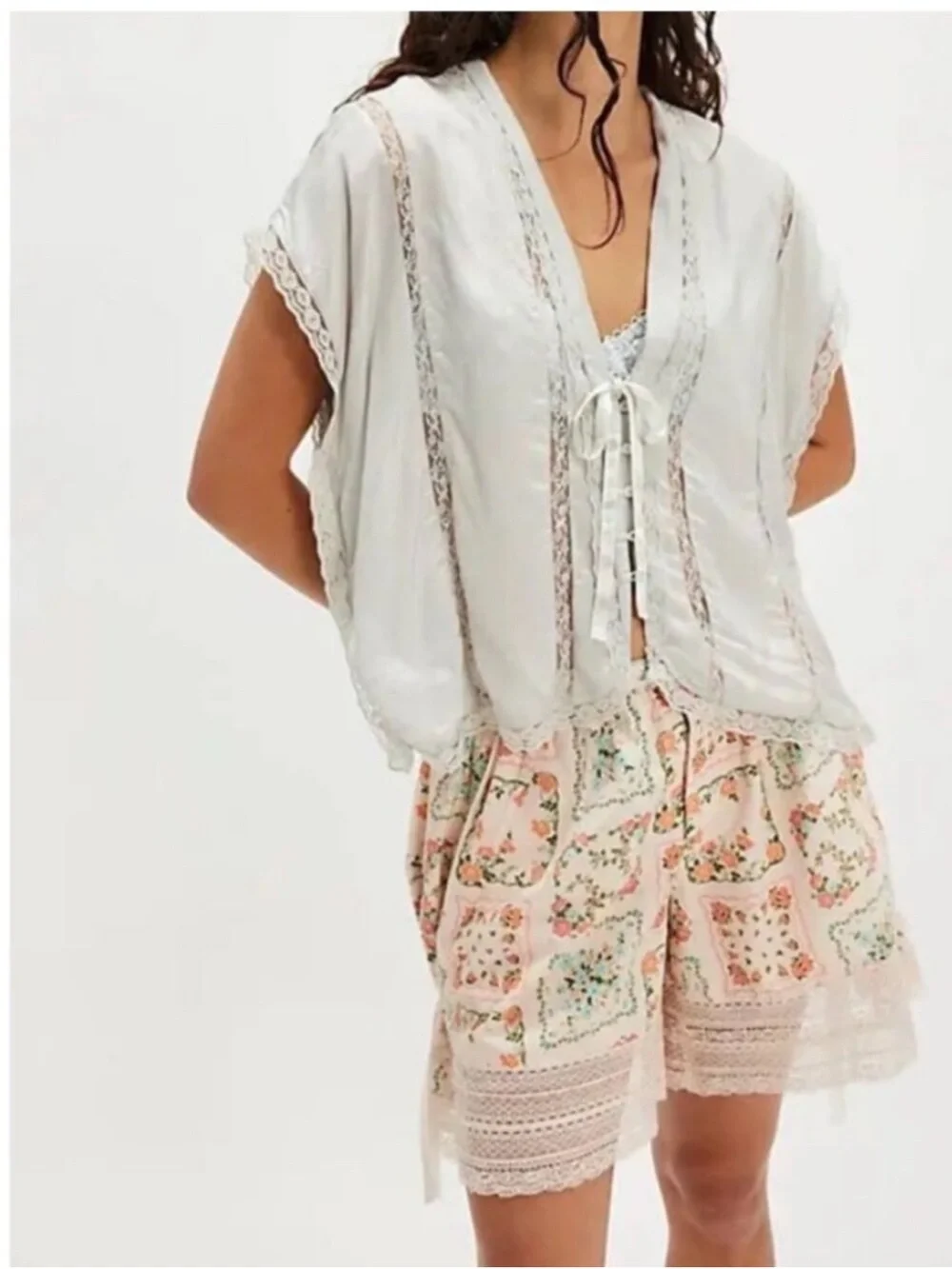 Free People Marigold Clean Ivory Lace Trim Tie-Front Top